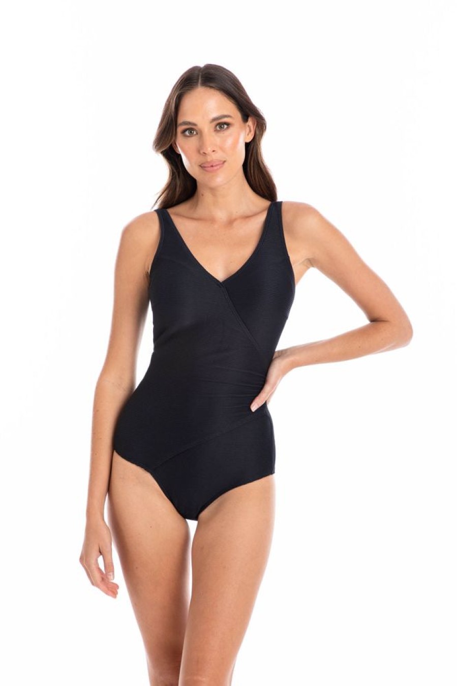 Women TOGS Swimwear | Black Textured Surplice