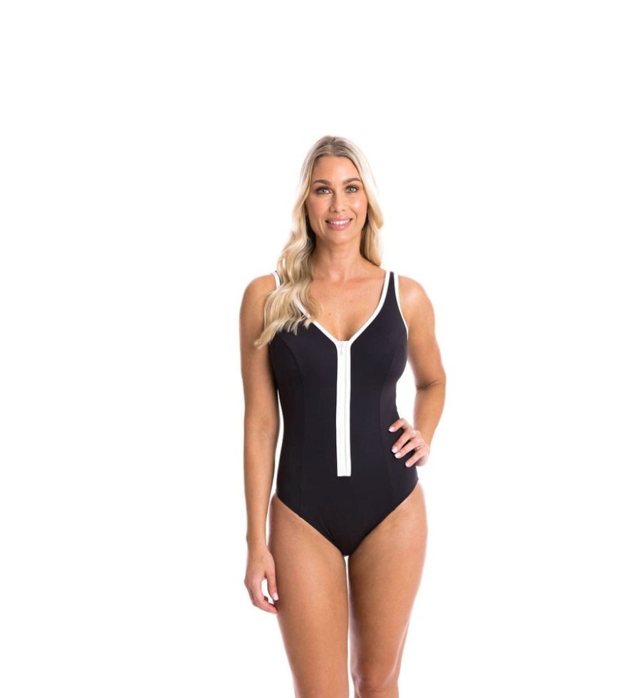 Women TOGS Swimwear | V Neck Zip-Black