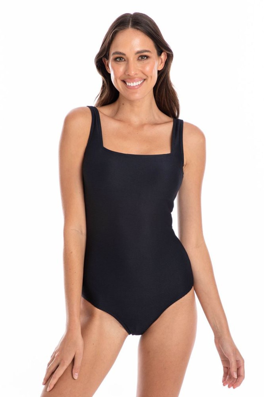 Women TOGS Swimwear | Black Textured Square One Piece Swimsuit