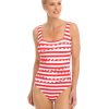 Women TOGS Swimwear | Red And White Stripe Square Neck Binding Swimsuit