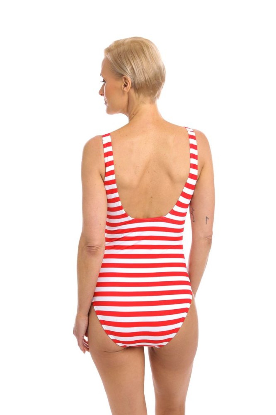 Women TOGS Swimwear | Red And White Stripe Square Neck Binding Swimsuit