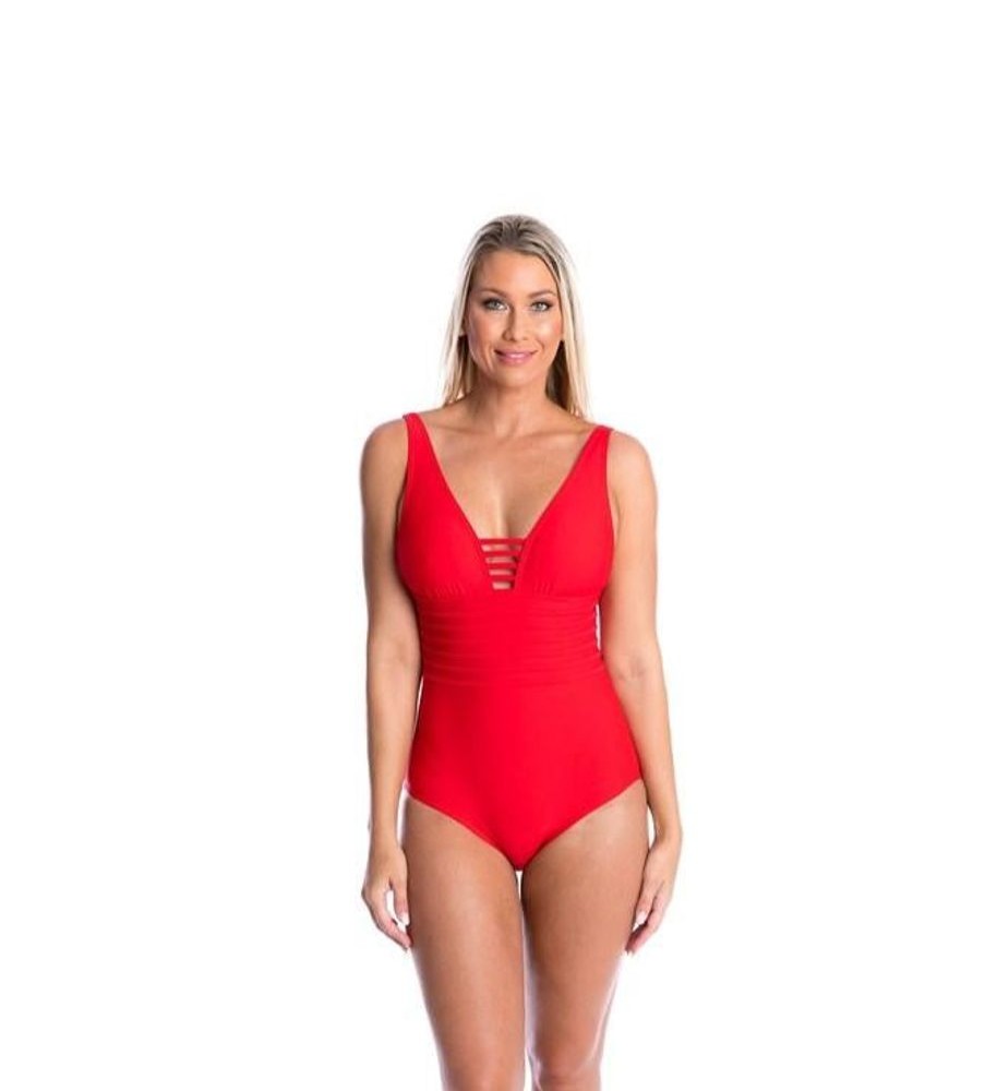 Women TOGS Swimwear | Red V Neck Binding One Piece