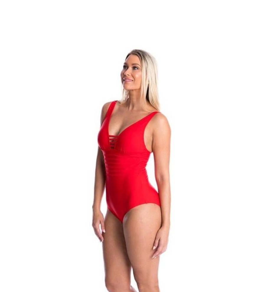 Women TOGS Swimwear | Red V Neck Binding One Piece